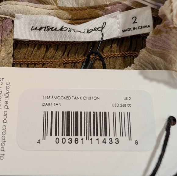 100% Silk Unsubscribed Smocked Chiffon Floral Tan Tank Top Size 2 - Picture 2 of 6